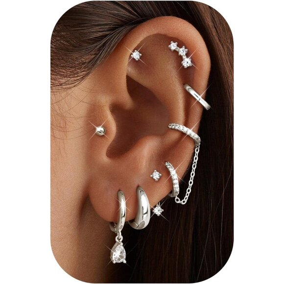 ⚡Gold Hoop Stud Chain Earrings Set for Women 14K Plated Hypoallergenic Jewelry - Picture 1 of 6